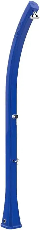 Doccia solare da esterno blu per piscina e giardino, design moderno ed ecosostenibile.