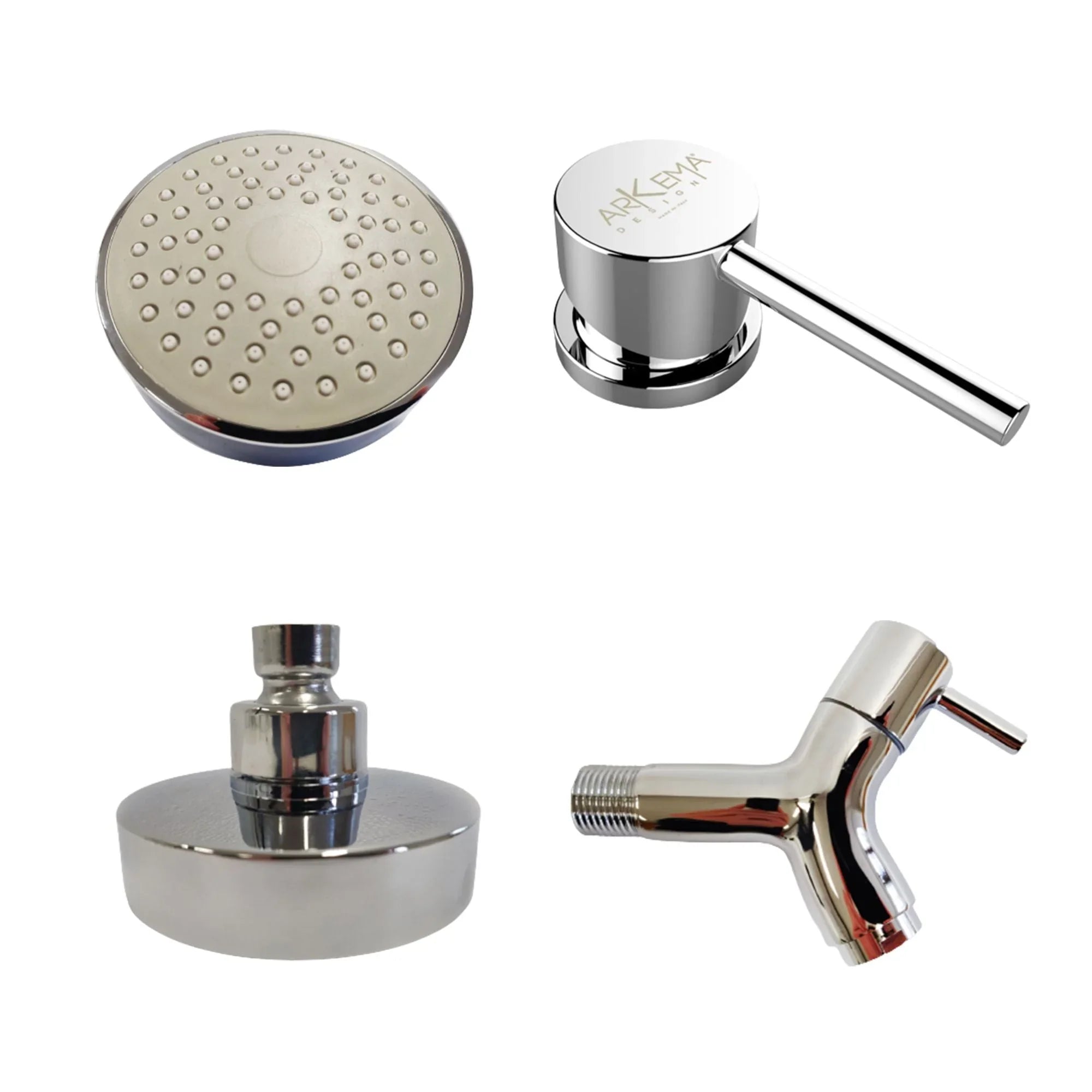 Accessori in acciaio per doccia solare da giardino e piscina, dettagli moderni.