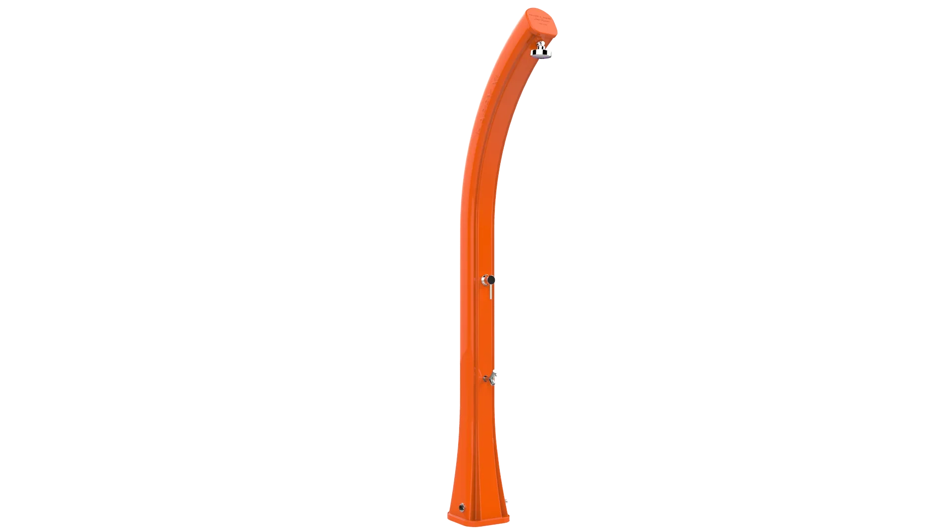 Doccia solare arancione da esterno per piscina e giardino, design moderno curvo.