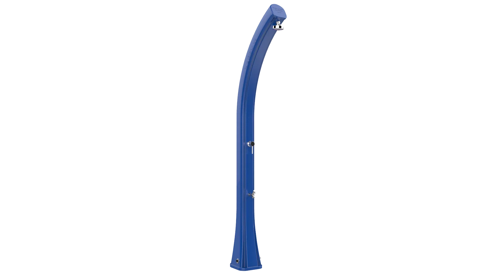 Doccia solare blu da esterno per piscina e giardino, design moderno in metallo.