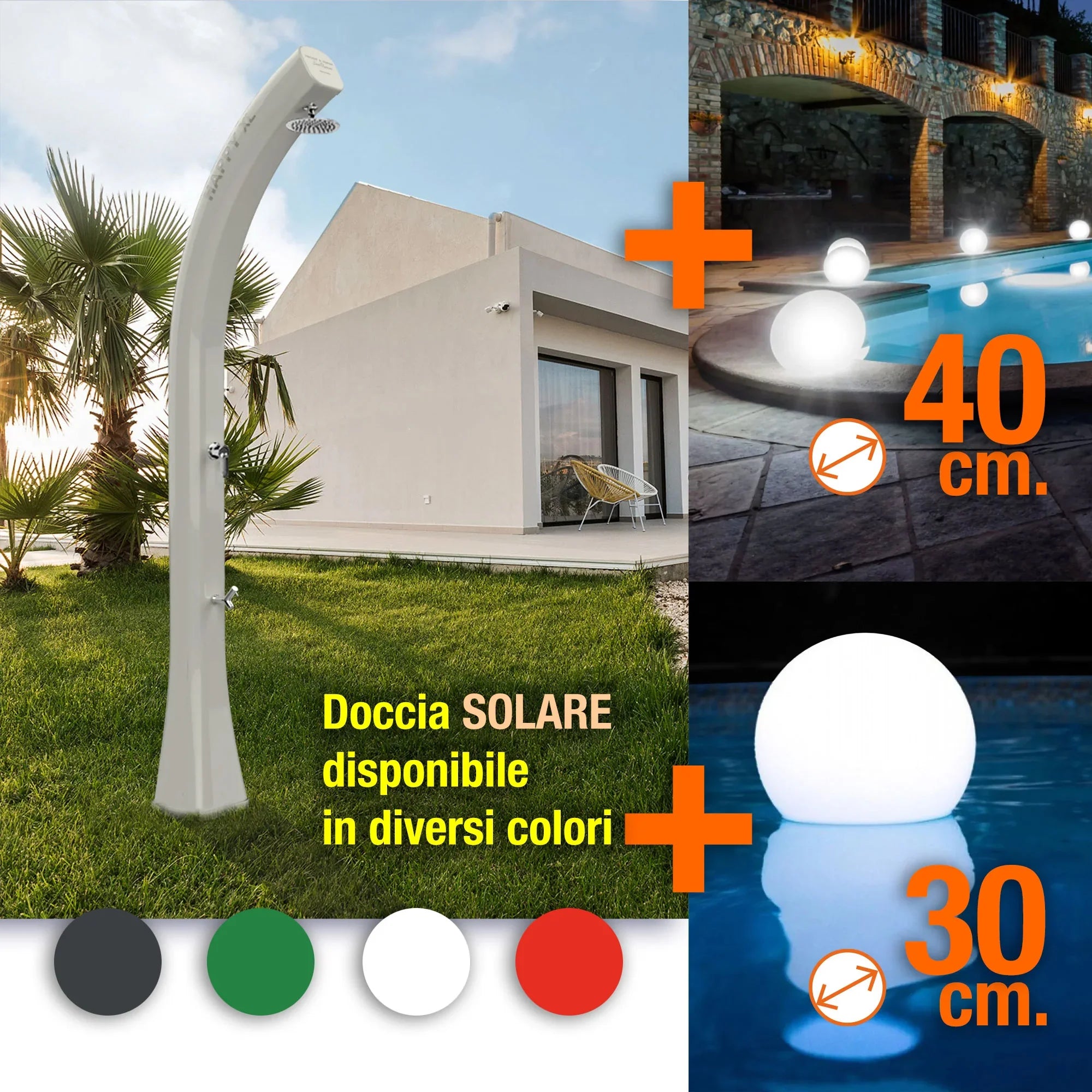 Doccia solare da esterno per piscina o giardino e sfere luminose decorative, vari colori