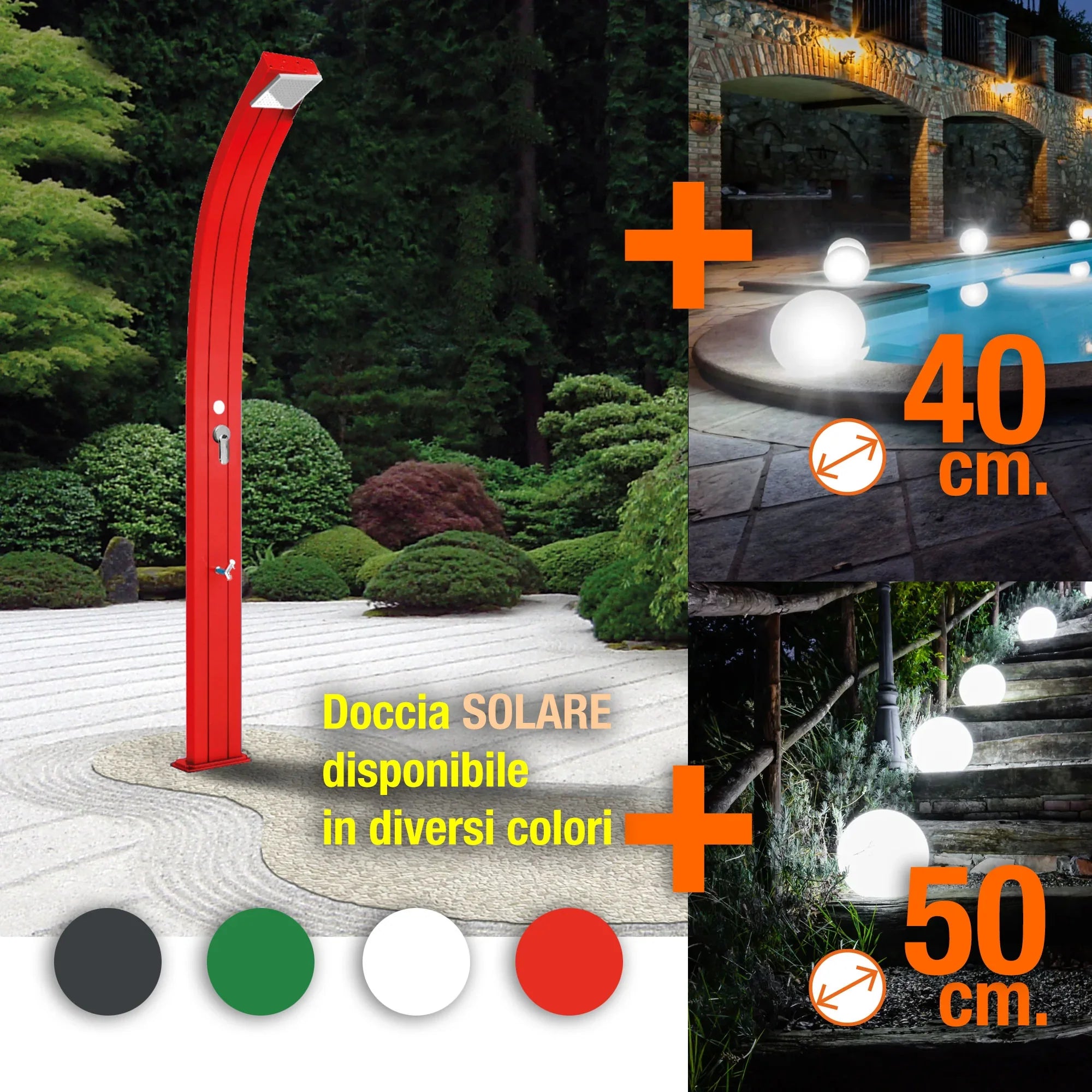 Doccia solare da giardino rossa, sfere luminose per piscina da 40 e 50 cm, colori disponibili.