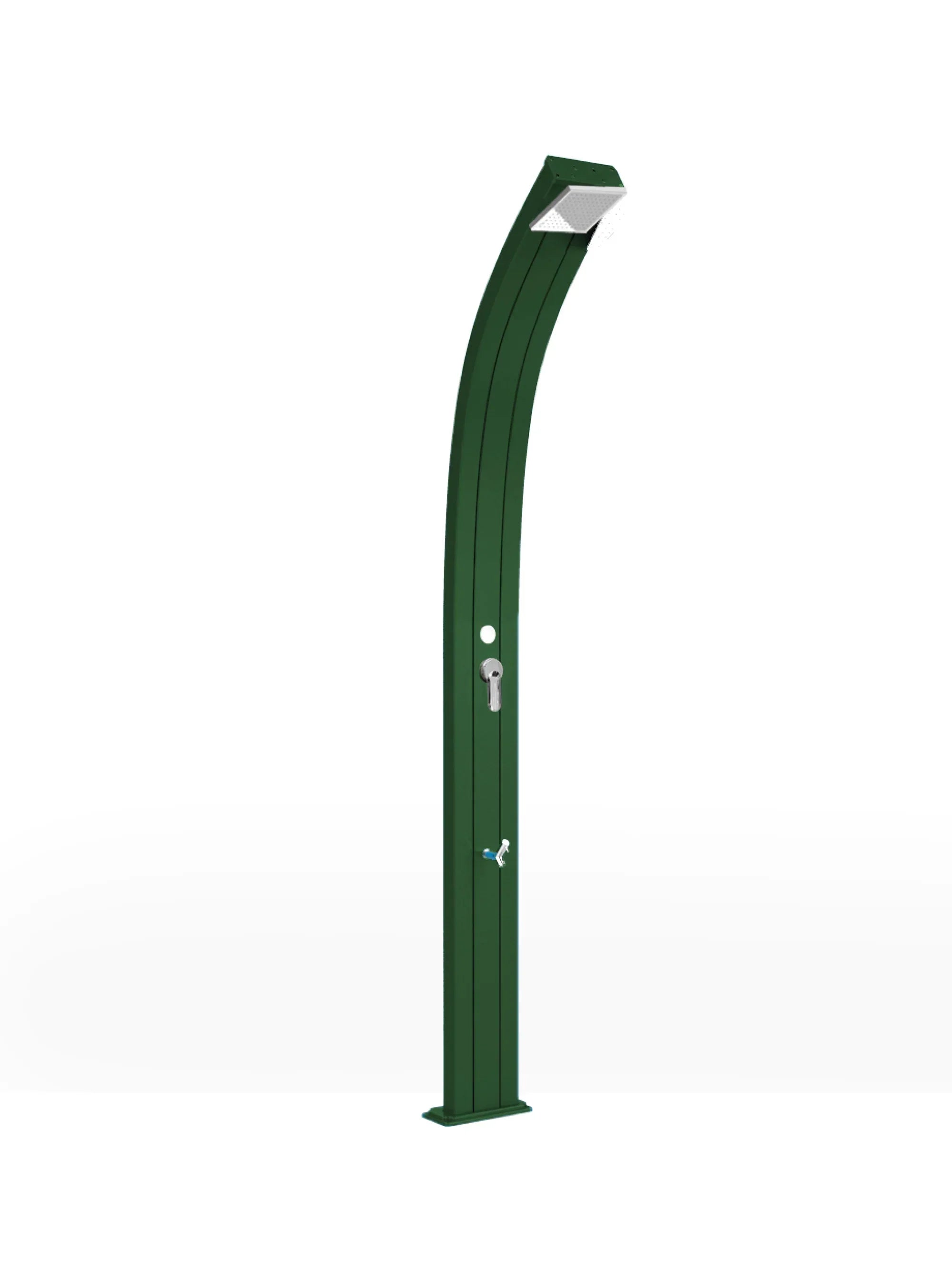 Doccia solare verde per piscina e giardino dal design moderno, a risparmio energetico.