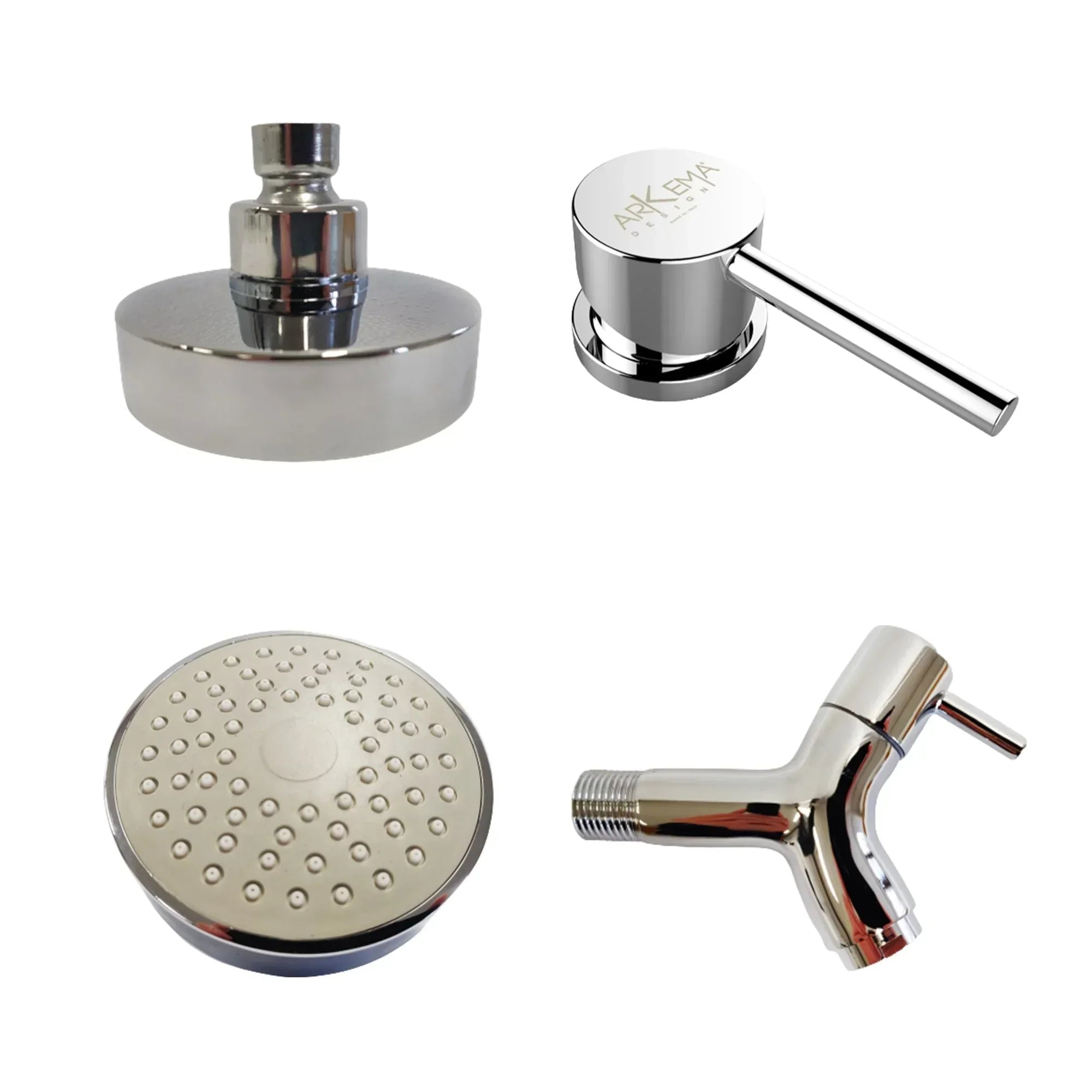 Accessorio ricambio in acciaio per doccia solare esterna, soffione e rubinetto cromati.