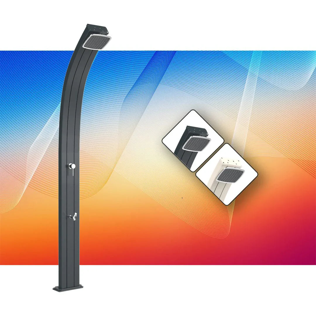 Doccia solare da esterno moderna per piscina o giardino, design curvo in metallo, colori nero e bianco.