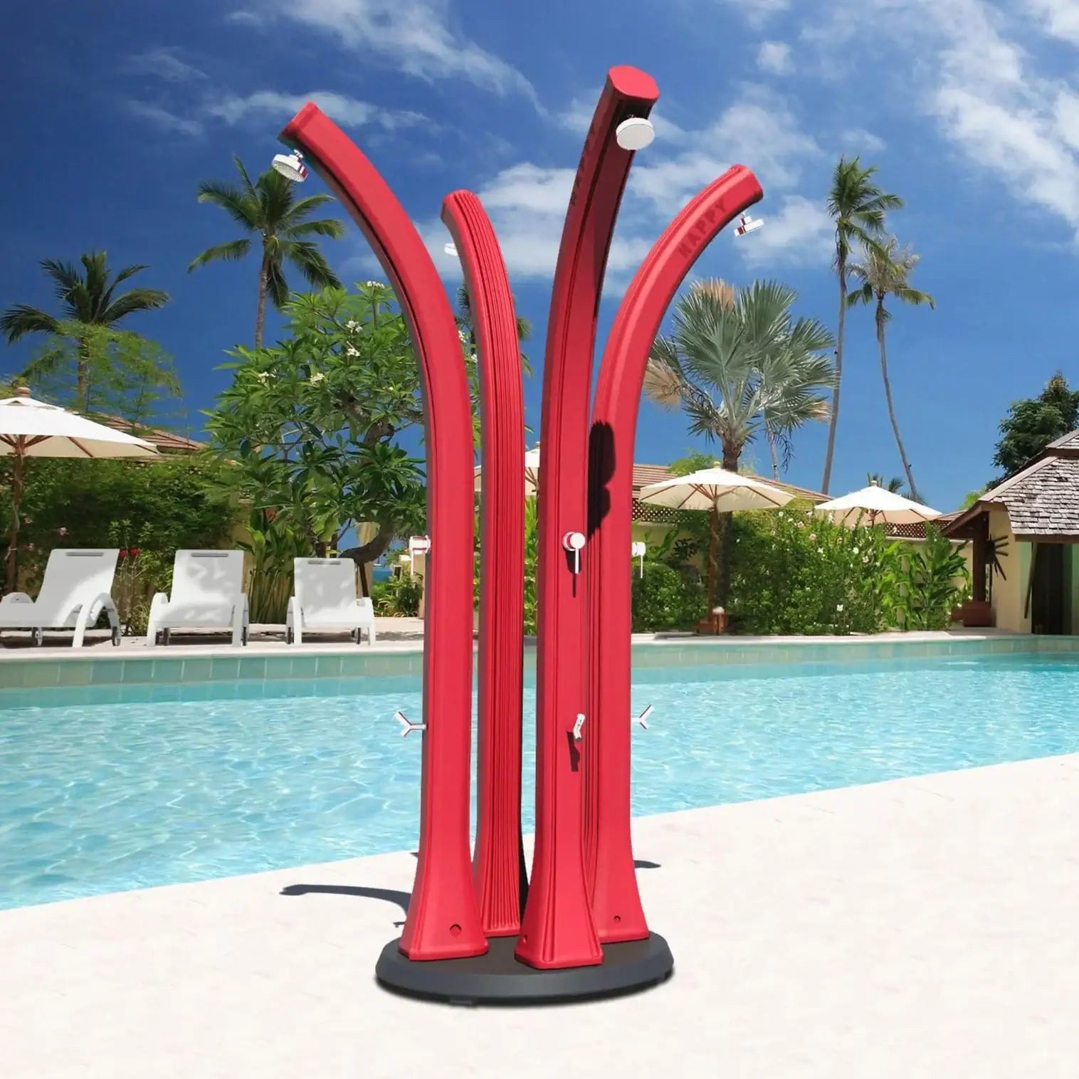 Doccia solare da esterno rossa design moderno accanto a piscina in giardino tropicale