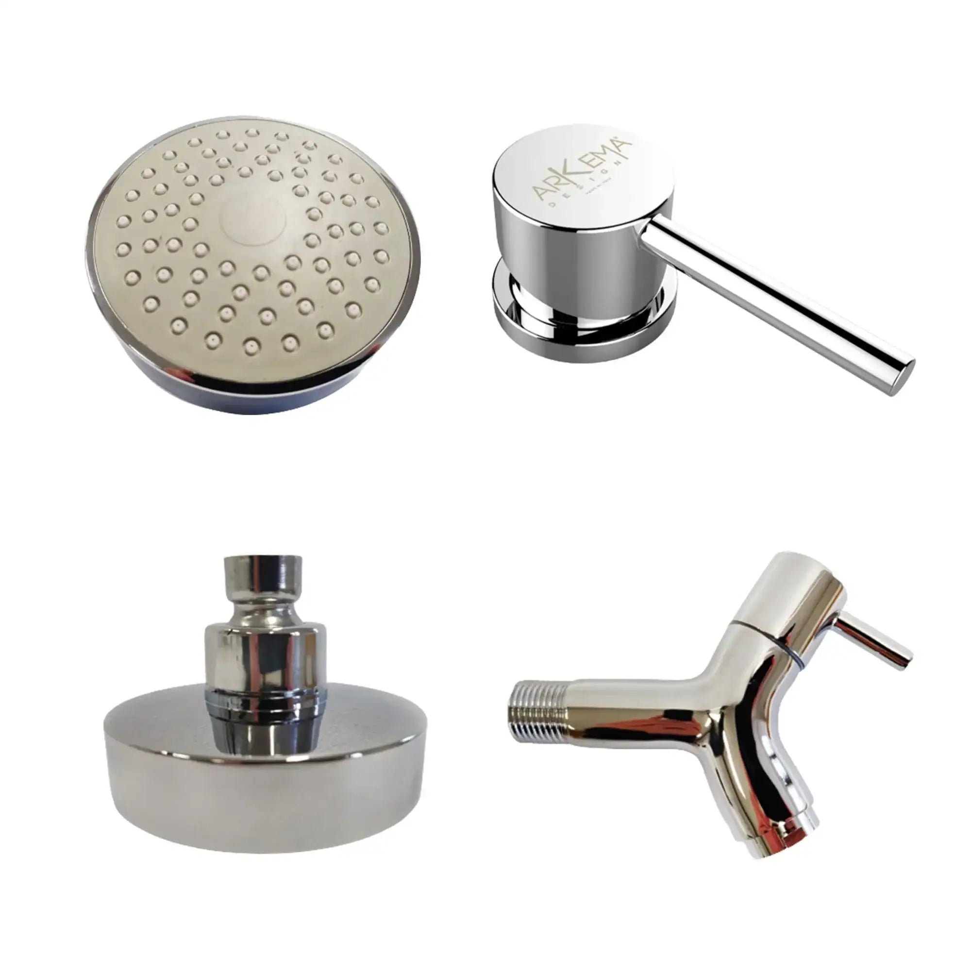 Ricambi in acciaio per docce solari da esterno, soffione, rubinetto e miscelatore.