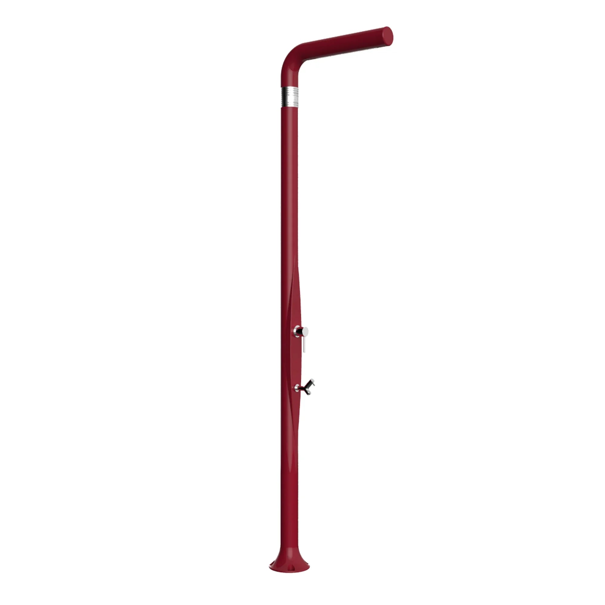 Doccia solare da esterno rossa per piscina e giardino, design moderno, struttura in metallo.