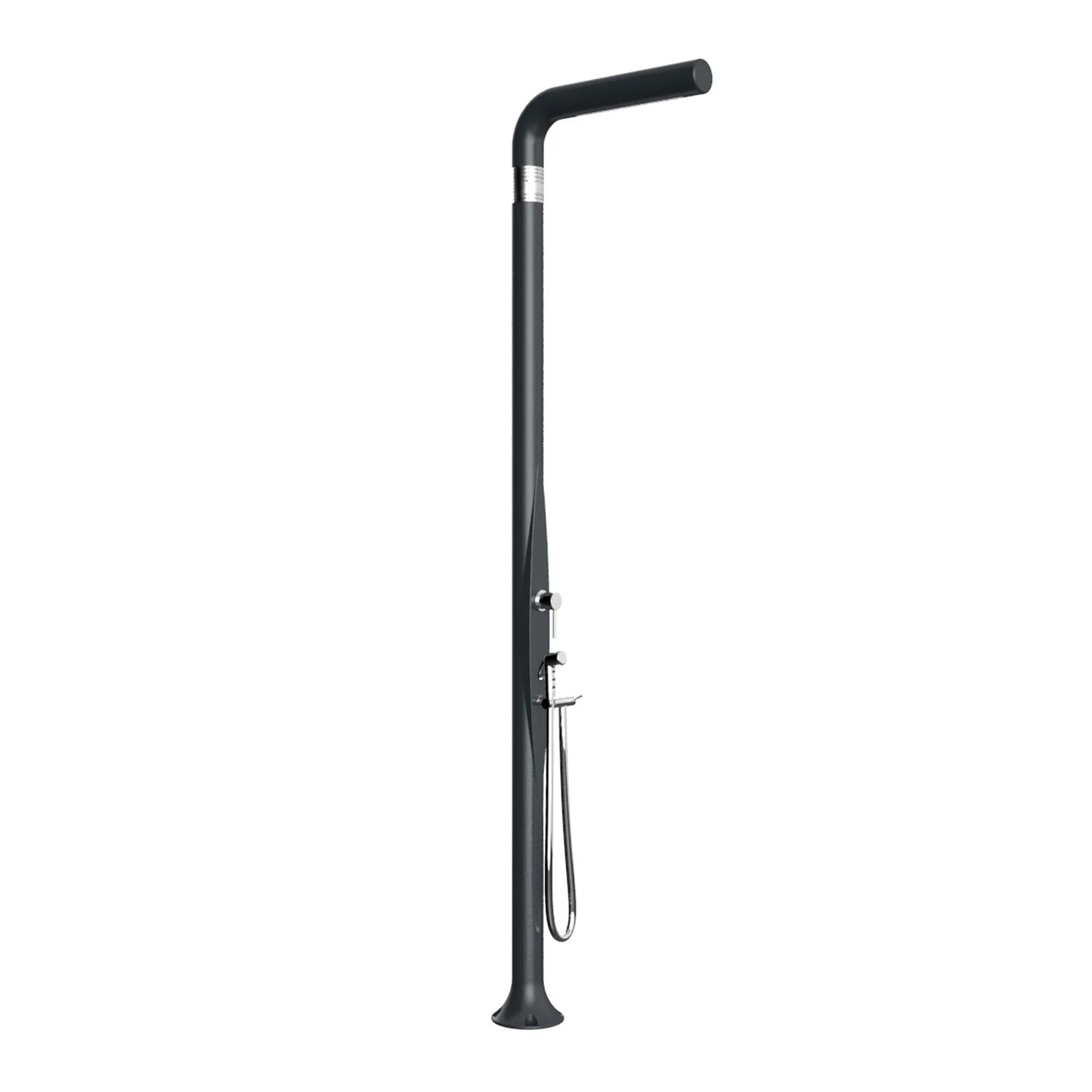 Doccia solare da esterno moderna nera per piscina e giardino, design minimalista.