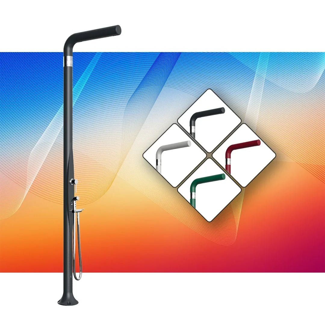 Doccia solare da esterno in vari colori, design moderno, ideale per piscina e giardino.