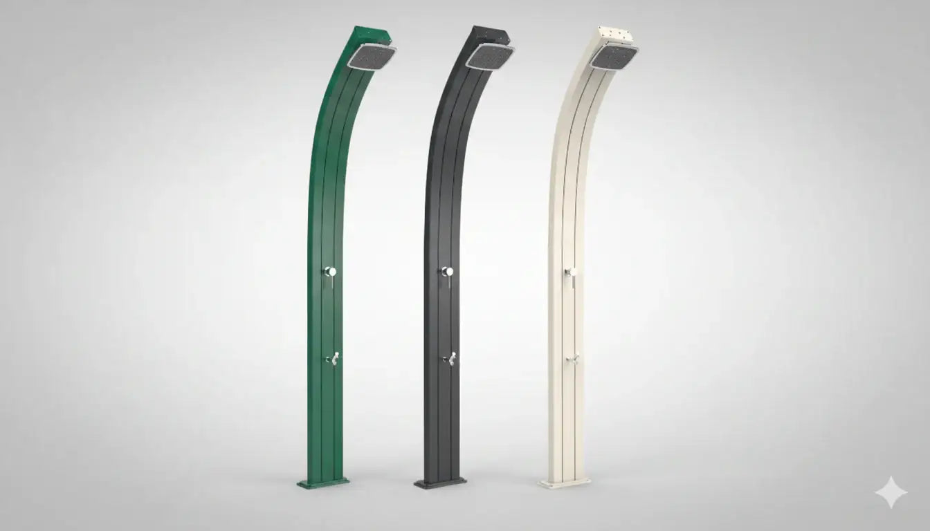 Docce solari da esterno dal design elegante in tre colori, ideali per piscina e giardino.